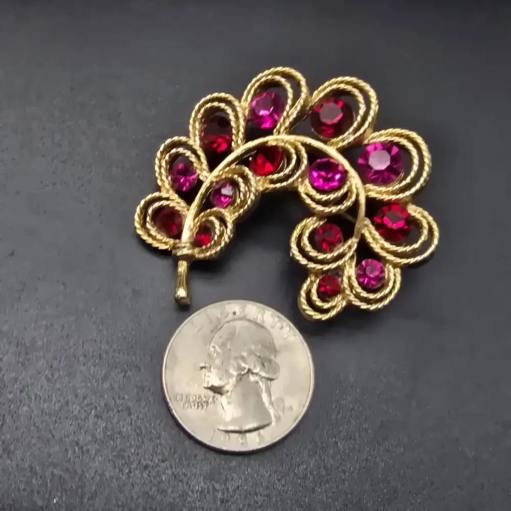 Pink Rhinestone Leaf Brooch Gold TOne VIntage Glam Costume Jewelry